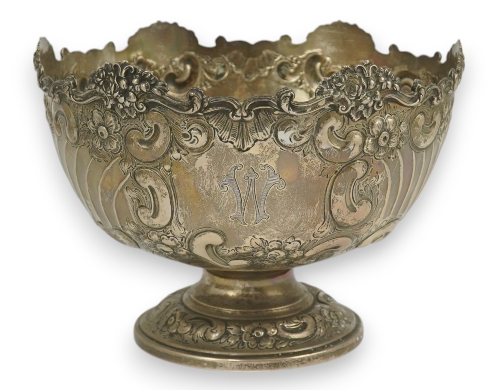 An Edwardian repousse silver rose bowl, by Hawksworth, Eyre & Co